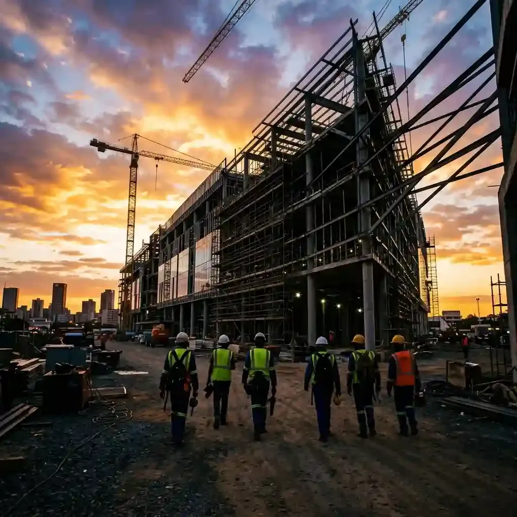 Construction workers silhouetted against golden hour sky at a South African building site