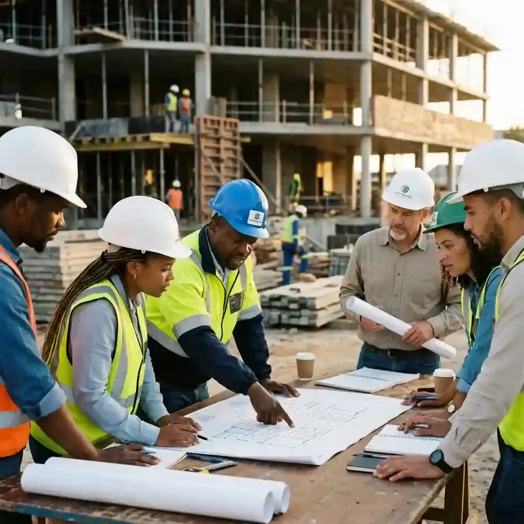 Construction team reviewing architectural blueprints at a building site