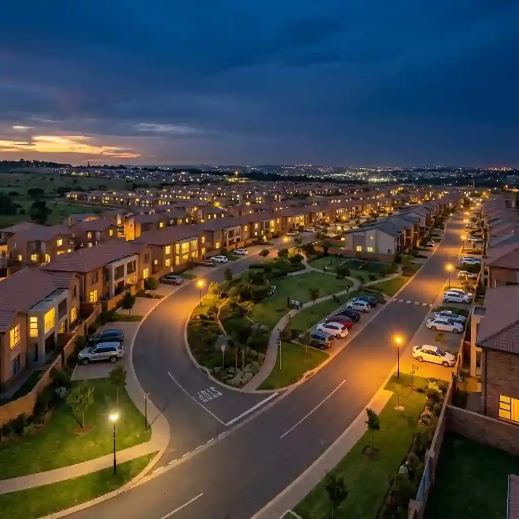 Completed modern housing estate in Johannesburg at dusk