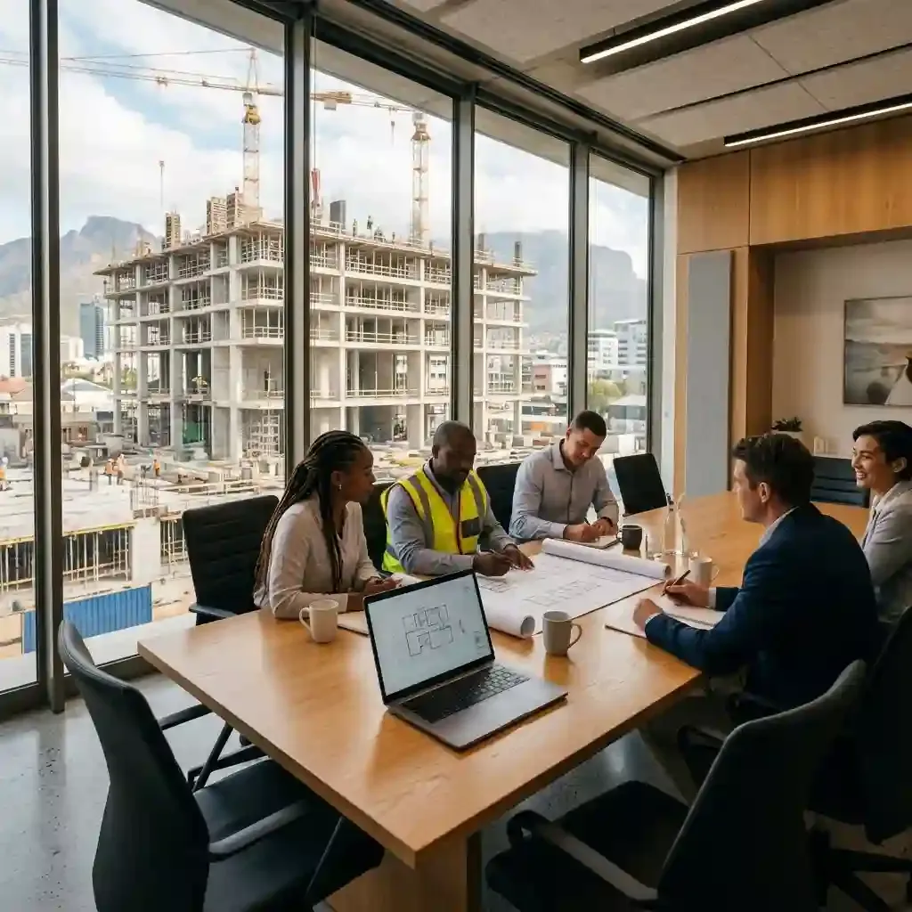 Modern office meeting room with blueprints and construction site view