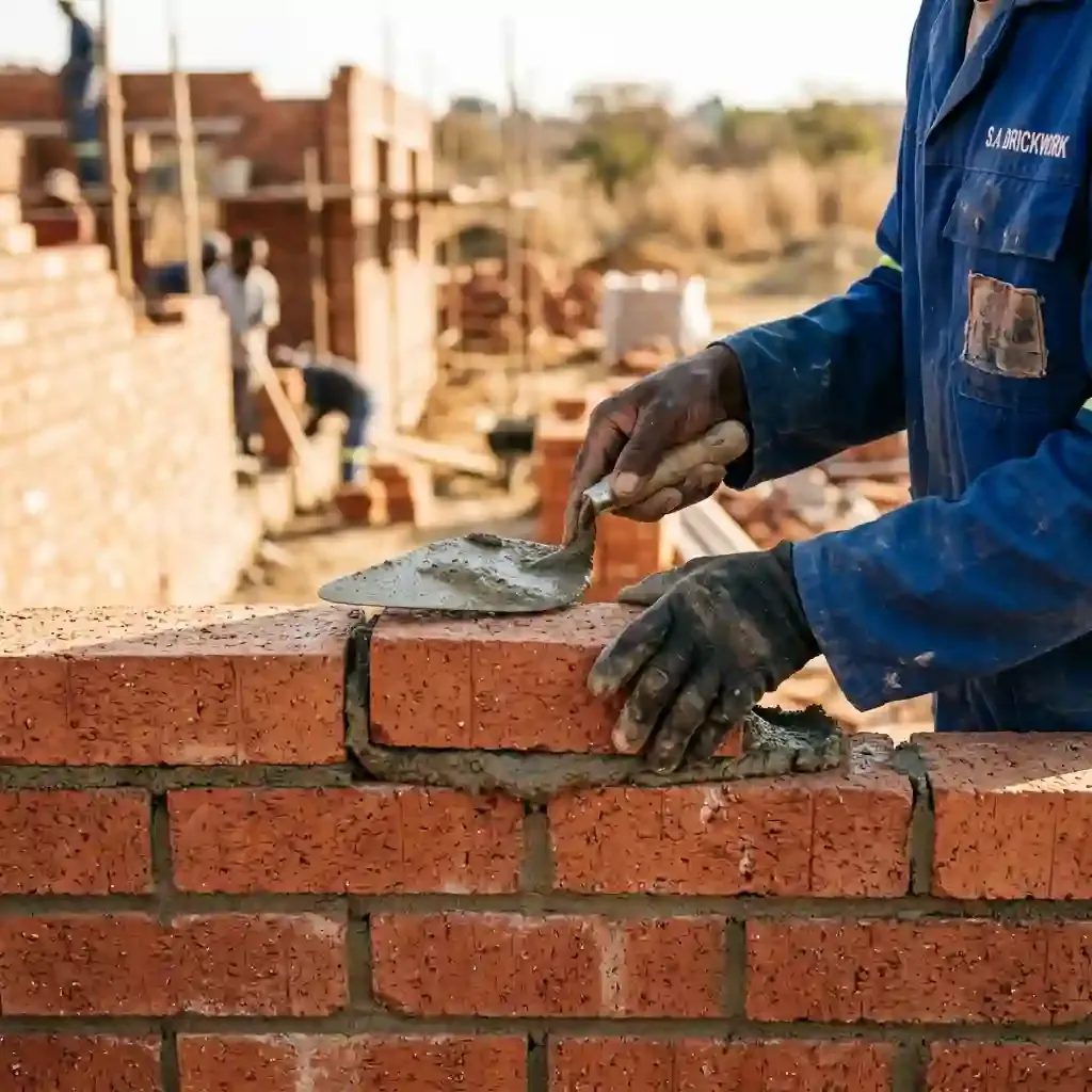 Skilled bricklayer laying red clay bricks with mortar on a construction site
