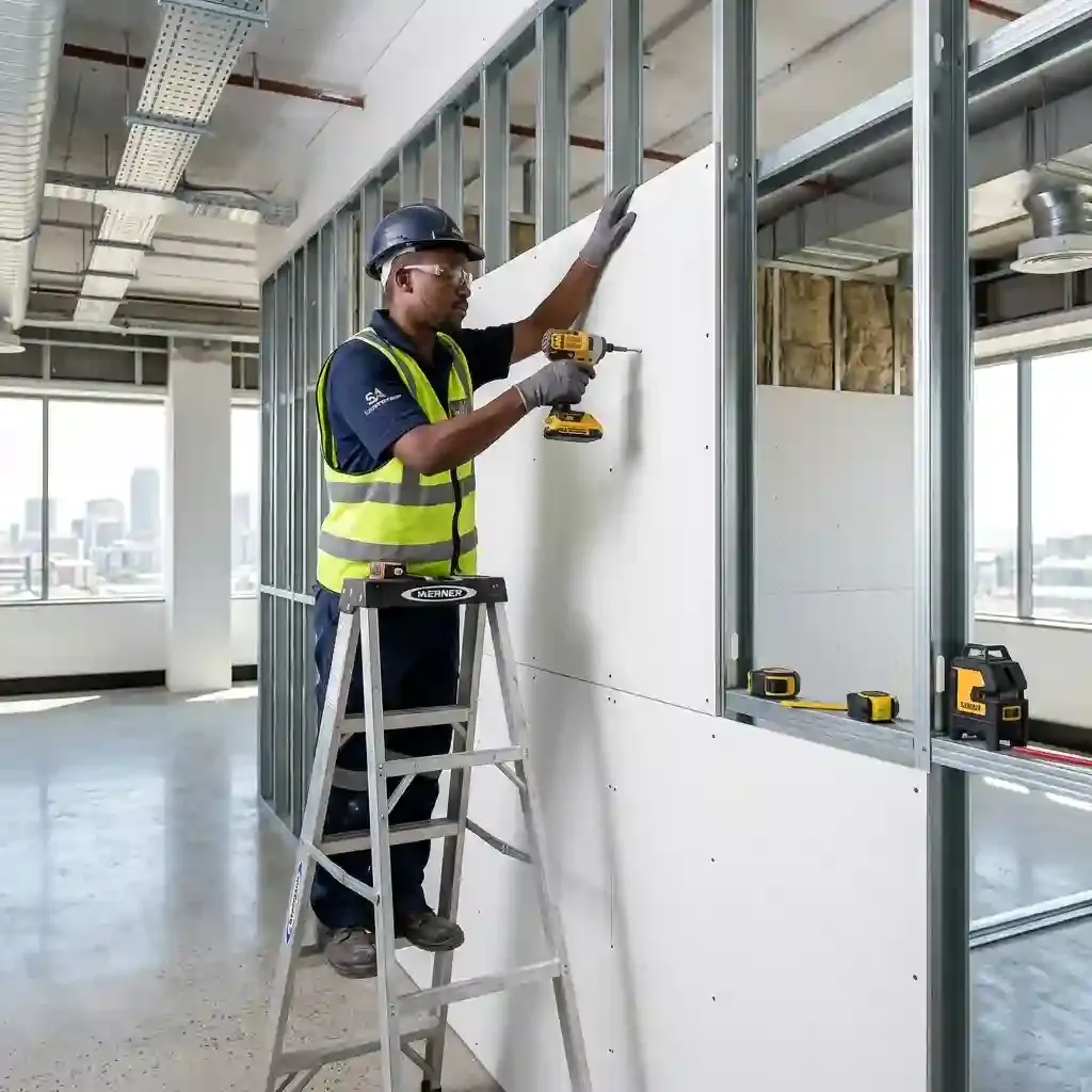 Worker installing white drywall panels onto a metal stud frame