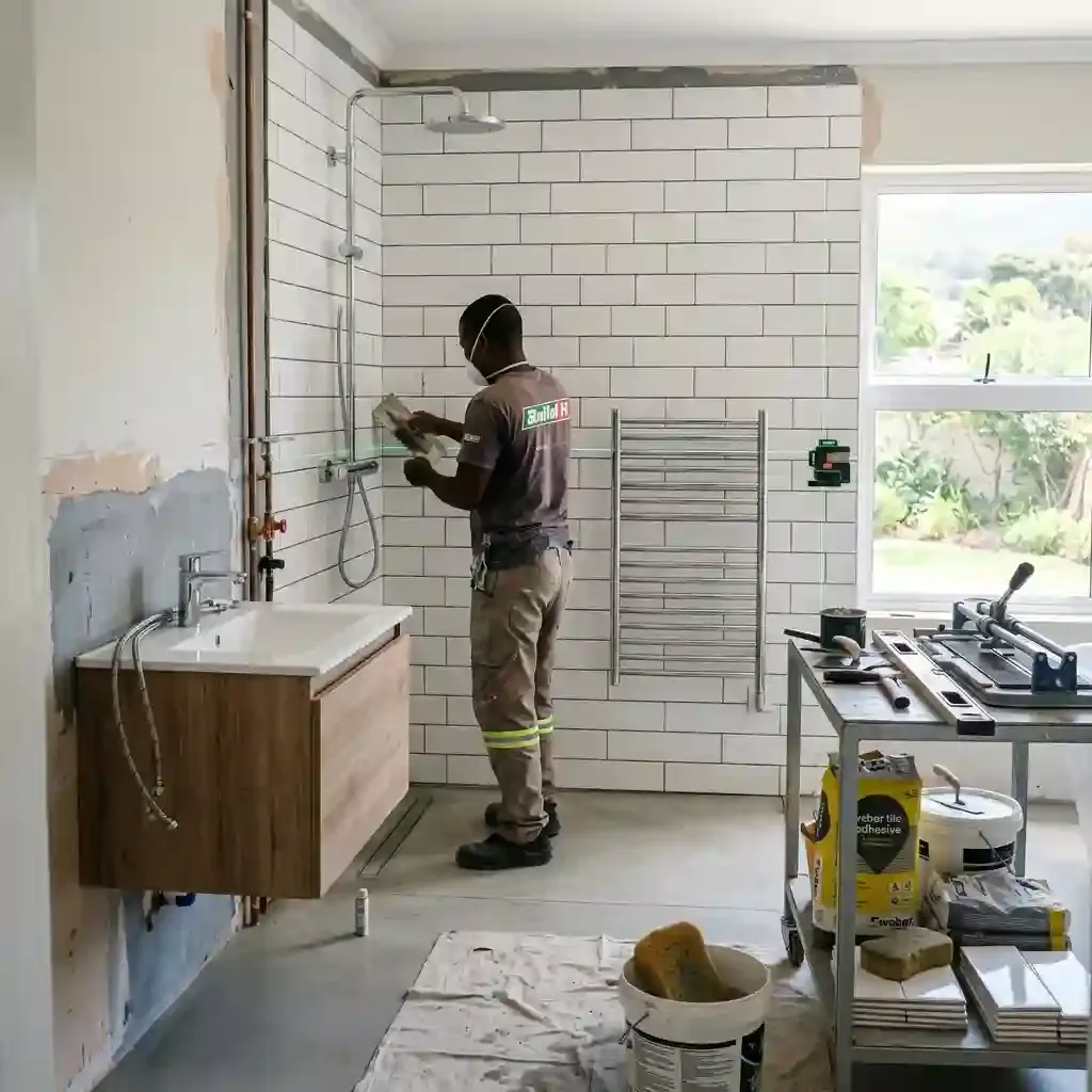 Modern bathroom renovation in progress with subway tiles and chrome fixtures