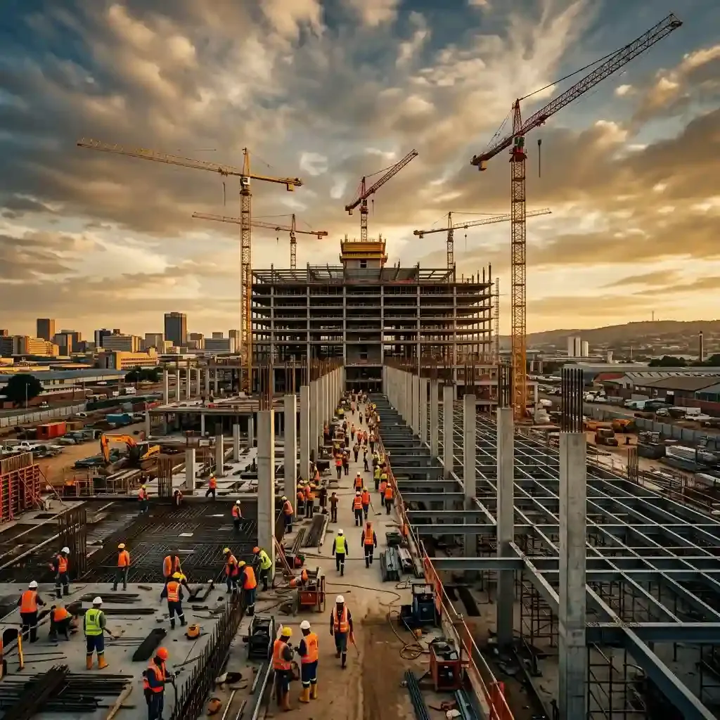 Large-scale commercial construction site with cranes and steel framework